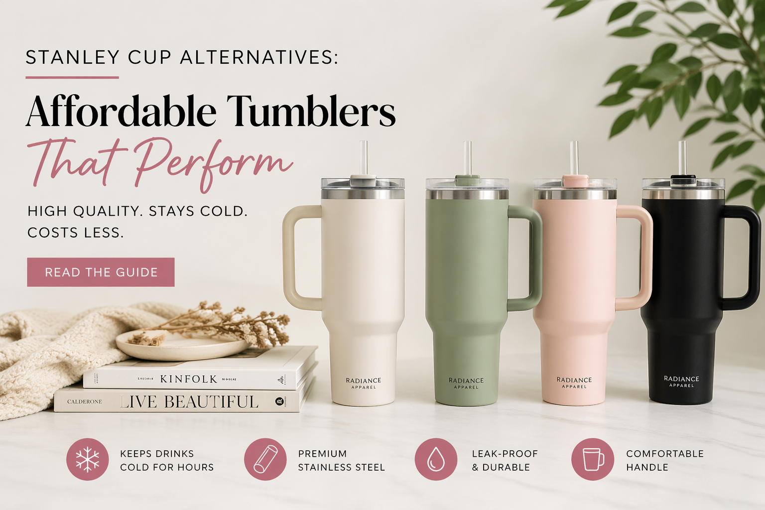 Affordable 40oz insulated tumblers with handle in cream sage pink and black colors as Stanley Cup alternatives