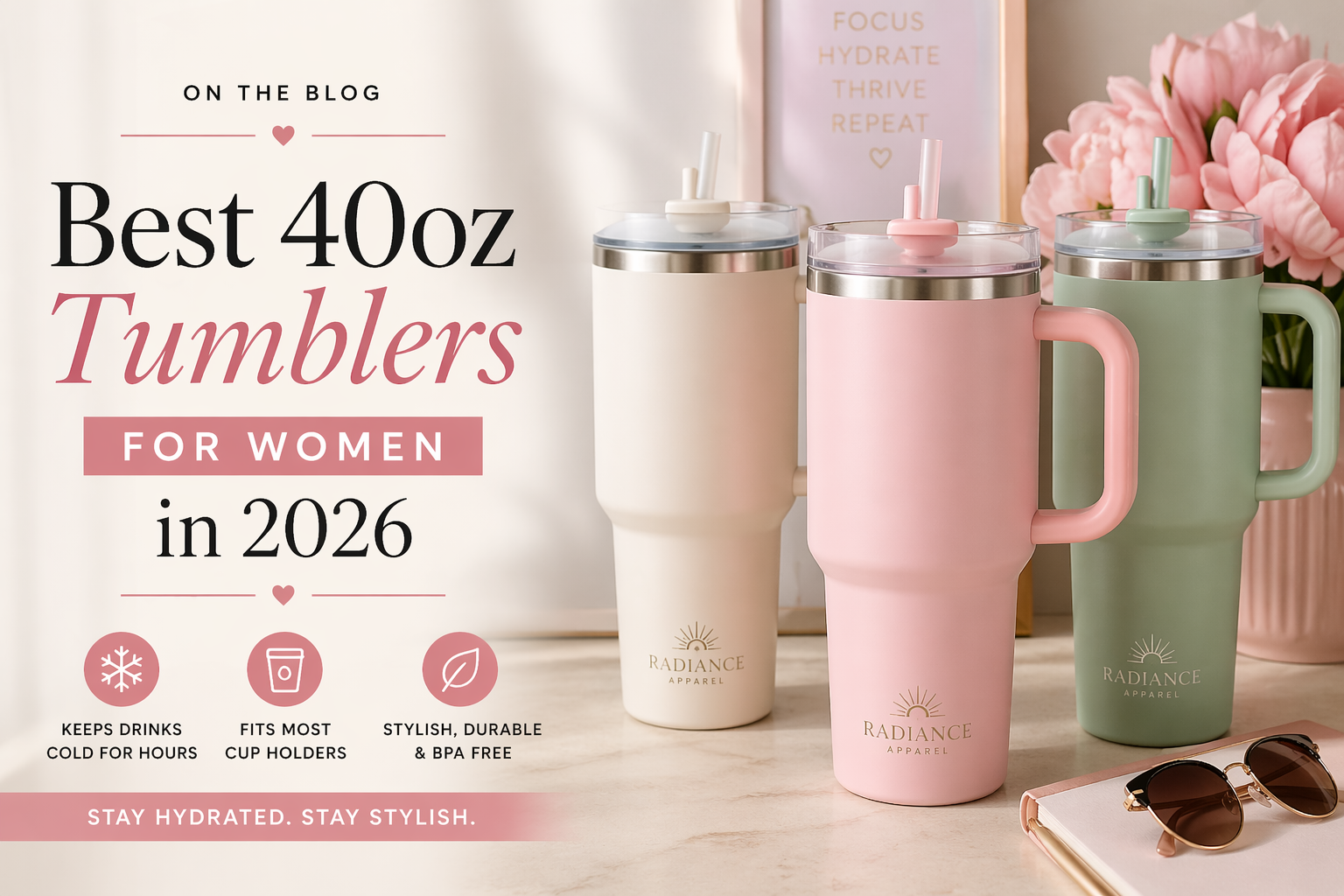 Best 40oz tumblers for women in 2026 featuring stylish pink cream and sage insulated tumblers with handles and straws