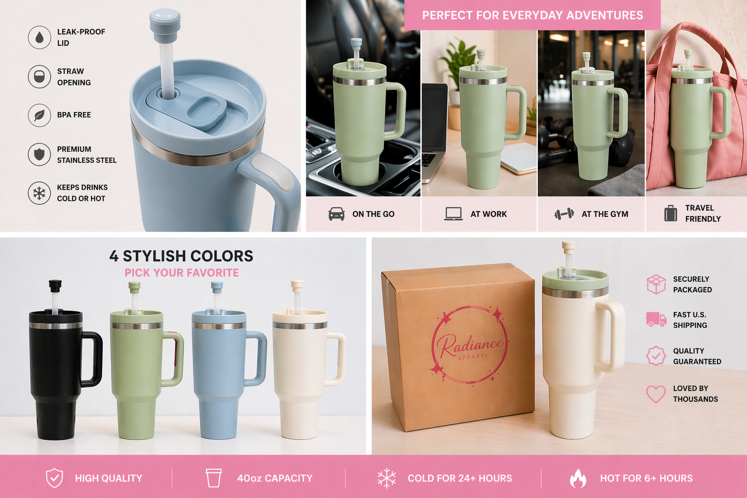 Best 40oz tumblers for women in 2026 featuring pink cream and sage insulated handled tumblers with straws