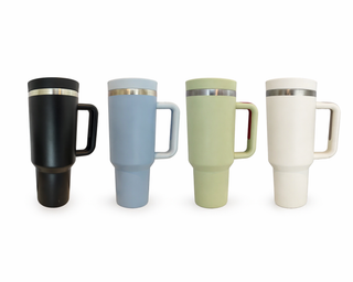 Four 40oz insulated tumblers with handles in black, blue, green, and cream colors
