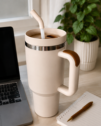 Cream insulated handled tumbler filled with coffee sitting beside a laptop and notebook in a home office workspace.