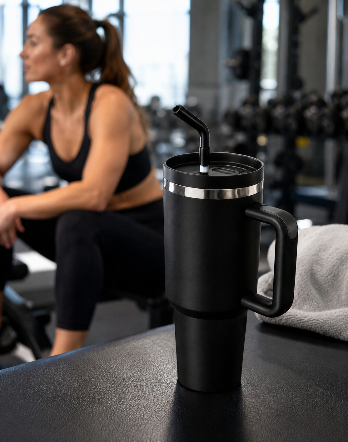 Black 40oz insulated travel tumbler with handle and straw resting on a gym bench beside workout equipment and a fitness towel after an exercise session.