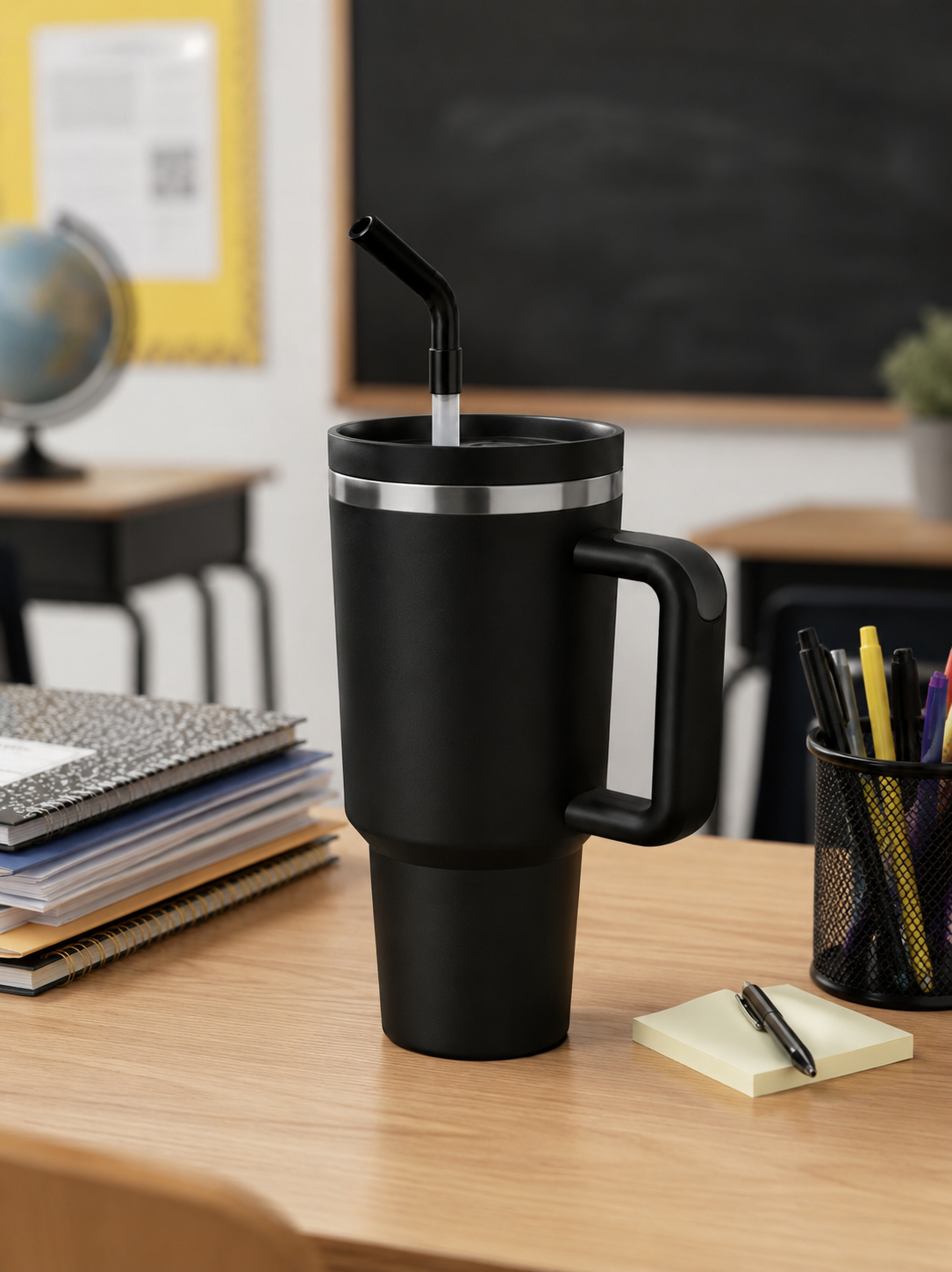 Black 40oz insulated travel tumbler with handle and straw sitting on a classroom desk beside notebooks, pens, and study materials in an academic setting.