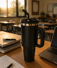 Black 30oz travel mug with stainless steel insulation, ergonomic handle, and reusable straw positioned on a teacher’s classroom desk beside notebooks and a laptop, showcasing durable drinkware for daily hydration and commuting.