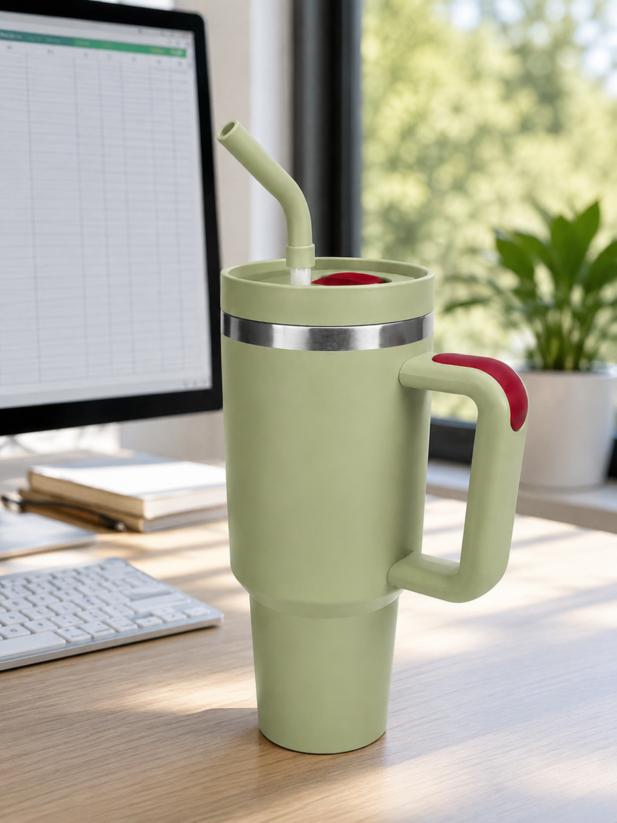 Sage green 30oz travel mug with ergonomic handle and reusable straw lid on an office desk beside a computer monitor, keyboard, notebooks, and houseplant, showcasing large-capacity insulated drinkware for workday hydration and daily use.