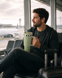 Green 40oz insulated travel tumbler with handle and straw being held by a traveler while waiting at an airport departure gate beside carry-on luggage.
