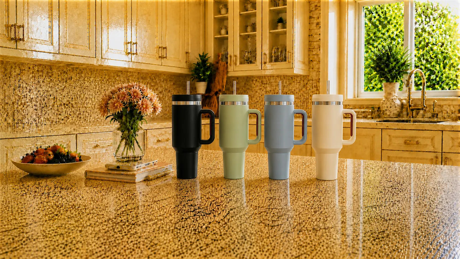 Black, sage green, blue, and cream 40oz insulated stainless steel tumblers with handles displayed on a luxury kitchen countertop.