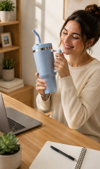Smiling woman holding a light blue 40oz insulated tumbler with ergonomic handle and reusable straw lid while working at a home office desk, highlighting large-capacity stainless steel drinkware for comfortable all-day hydration.