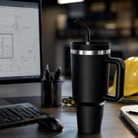 Black 40oz stainless steel tumbler with ergonomic handle and reusable straw displayed on an engineering office desk beside technical drawings, computer equipment, and work tools, highlighting durable insulated drinkware for all-day hydration.
