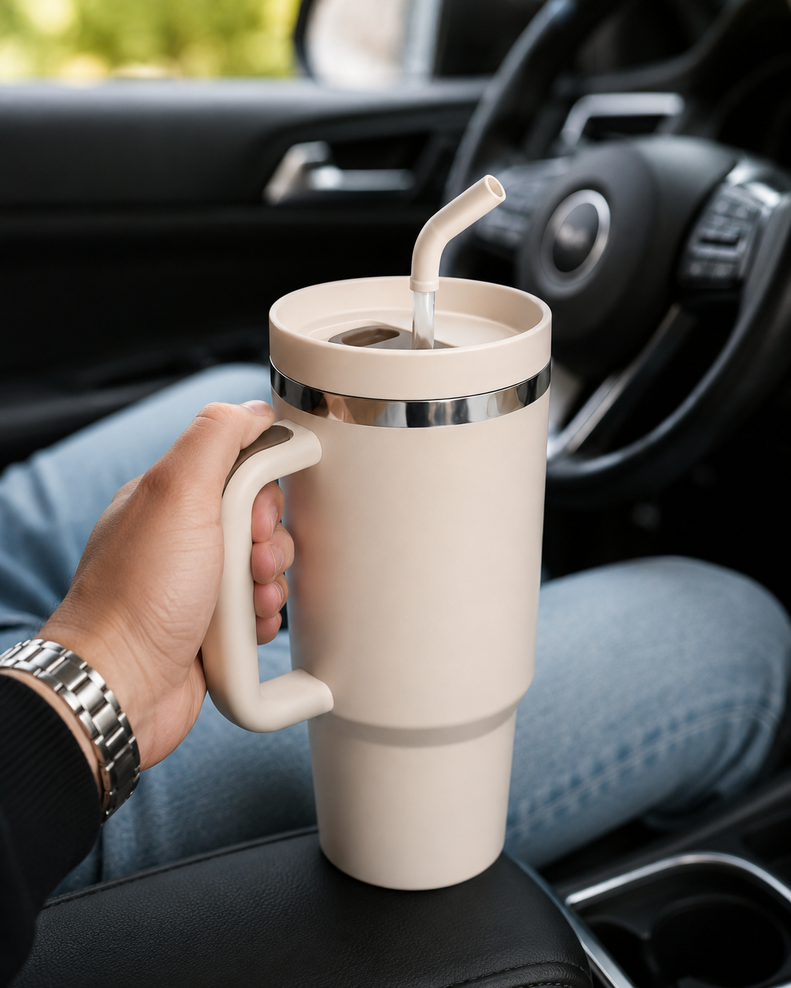 Hand holding a cream 40oz travel mug with ergonomic handle and reusable straw lid inside a vehicle, highlighting large insulated drinkware for on-the-go hydration, commuting, and everyday travel.