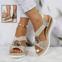Thumbnail for Women's Peep Toe Serpentine Wedges Sandals With Circle Design Casual Summer Shoes