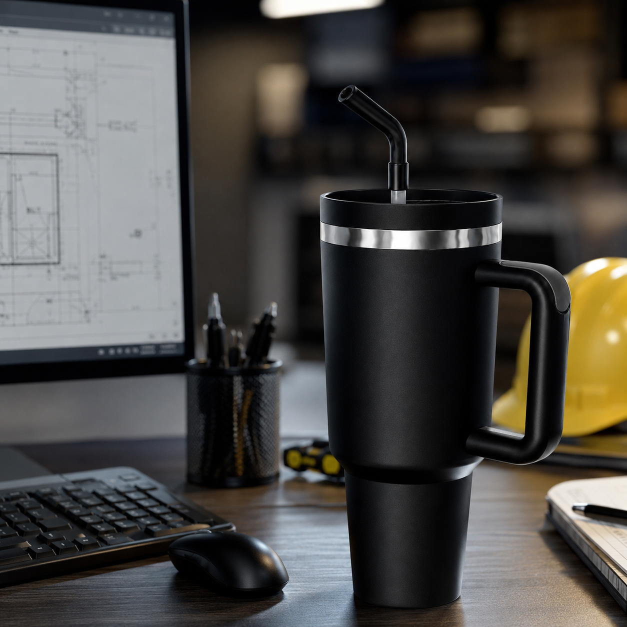 Black 40oz insulated travel tumbler with handle and straw on an engineering workstation beside technical drawings, computer equipment, safety gear, and project planning materials.