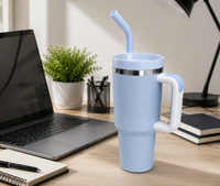 Light blue 40oz insulated travel tumbler with handle and straw sitting on a modern desk beside a laptop, notebook, desk lamp, and office accessories.