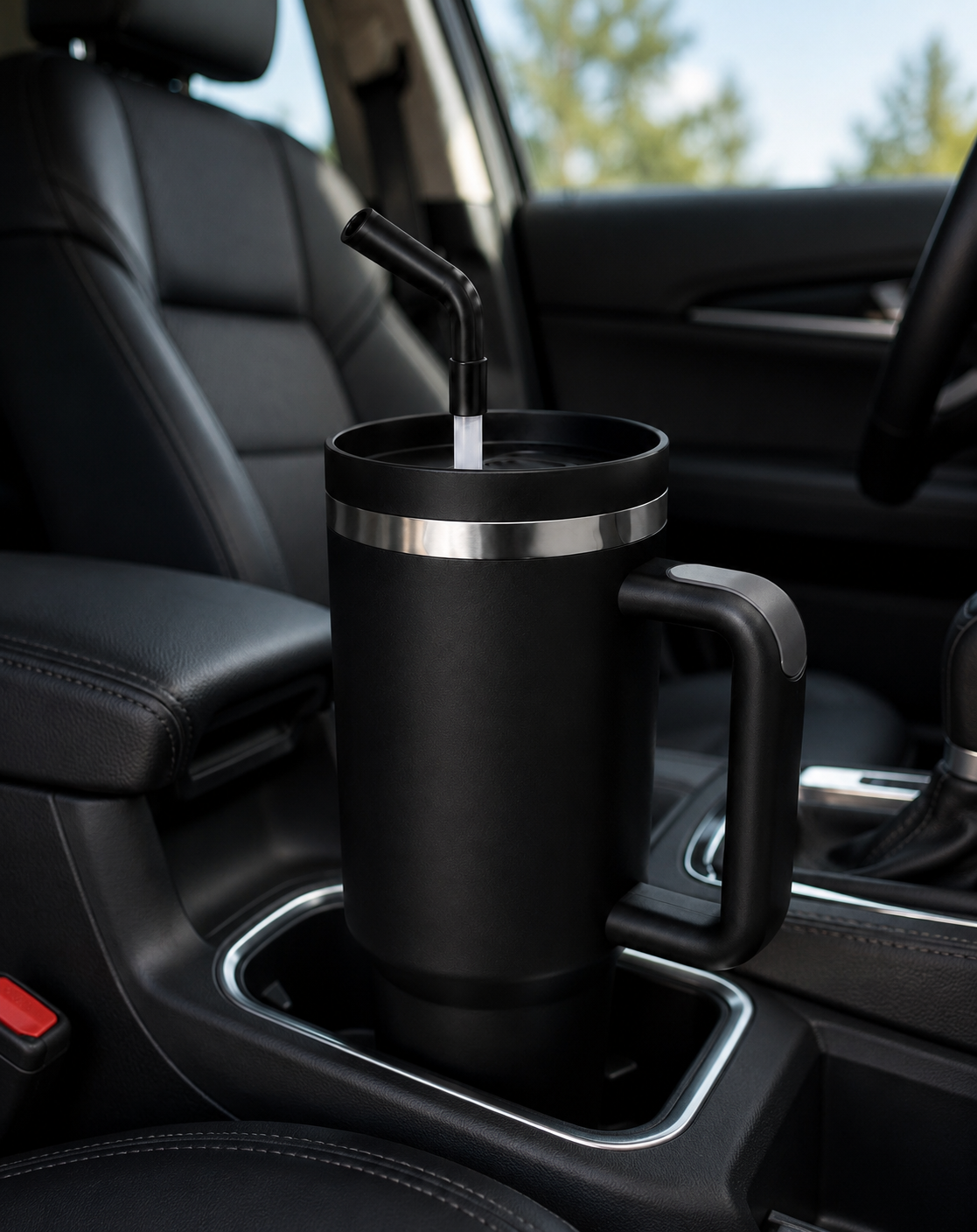Black 40oz insulated travel tumbler with handle and straw secured in a vehicle cup holder during a daily commute with a clean and professional interior.