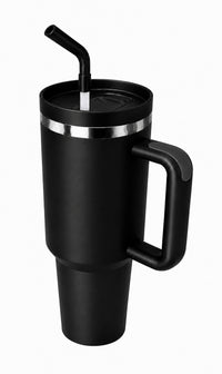 Matte black 40oz insulated tumbler with ergonomic handle, stainless steel construction, reusable straw lid, and tapered travel-friendly design on a white background.