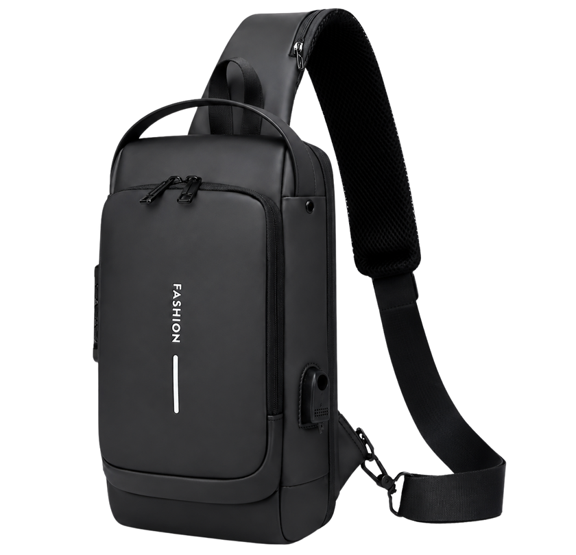Black water resistant anti theft sling bag with crossbody strap and organized storage