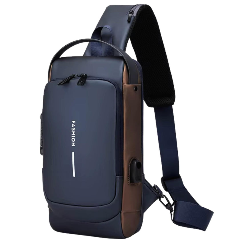 Navy Blue / Brown water resistant anti theft sling bag with crossbody strap and organized storage