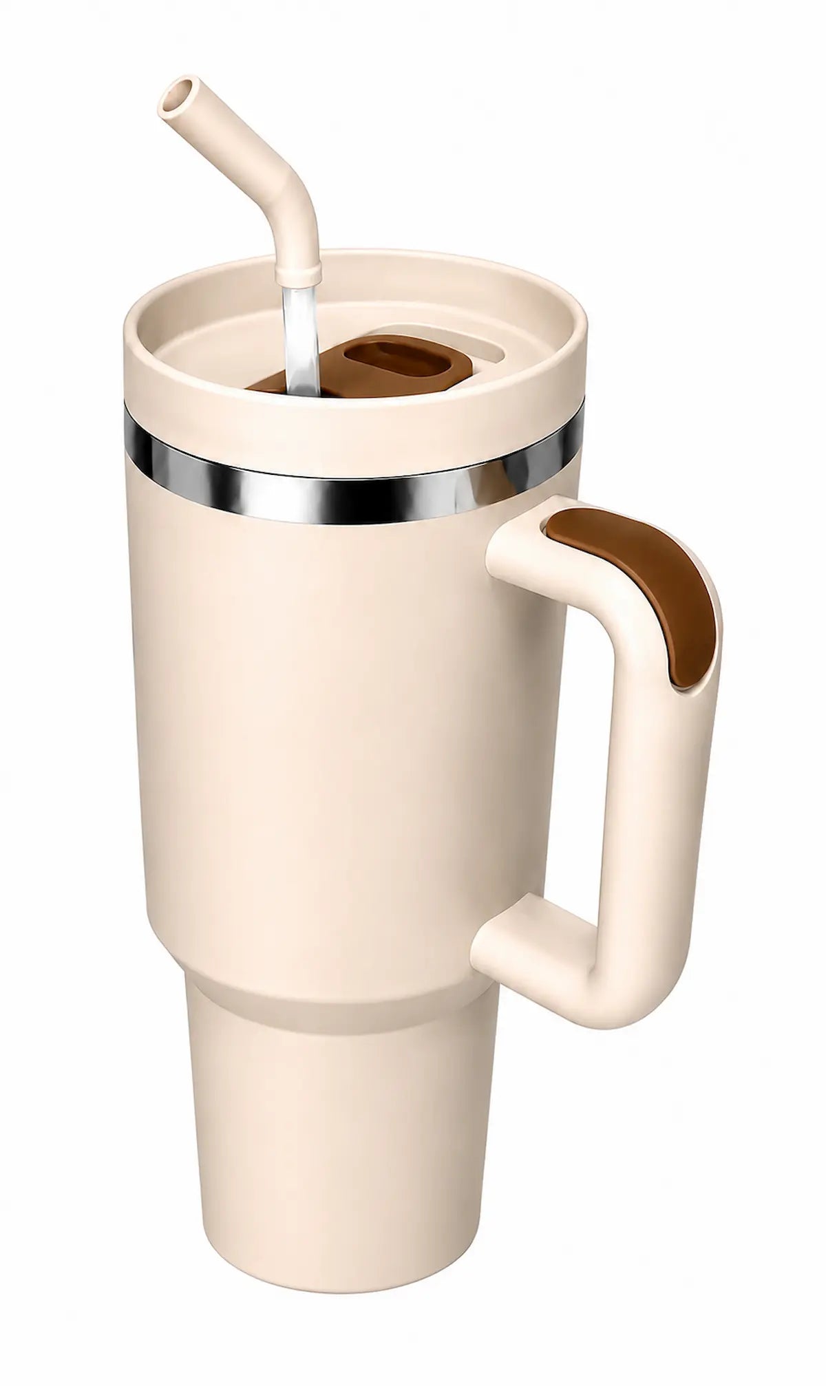 Cream 40oz stainless steel insulated travel mug with ergonomic handle, reusable straw lid, double-wall vacuum insulation, and cup holder friendly tapered design on a white background.
