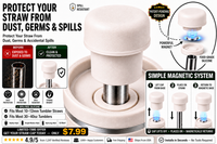 Pearl white magnetic silicone straw cover cap for 40oz travel tumblers showing dust protection, germ protection, spill resistance, magnetic attachment system, and compatibility with 10mm–12mm tumbler straws.