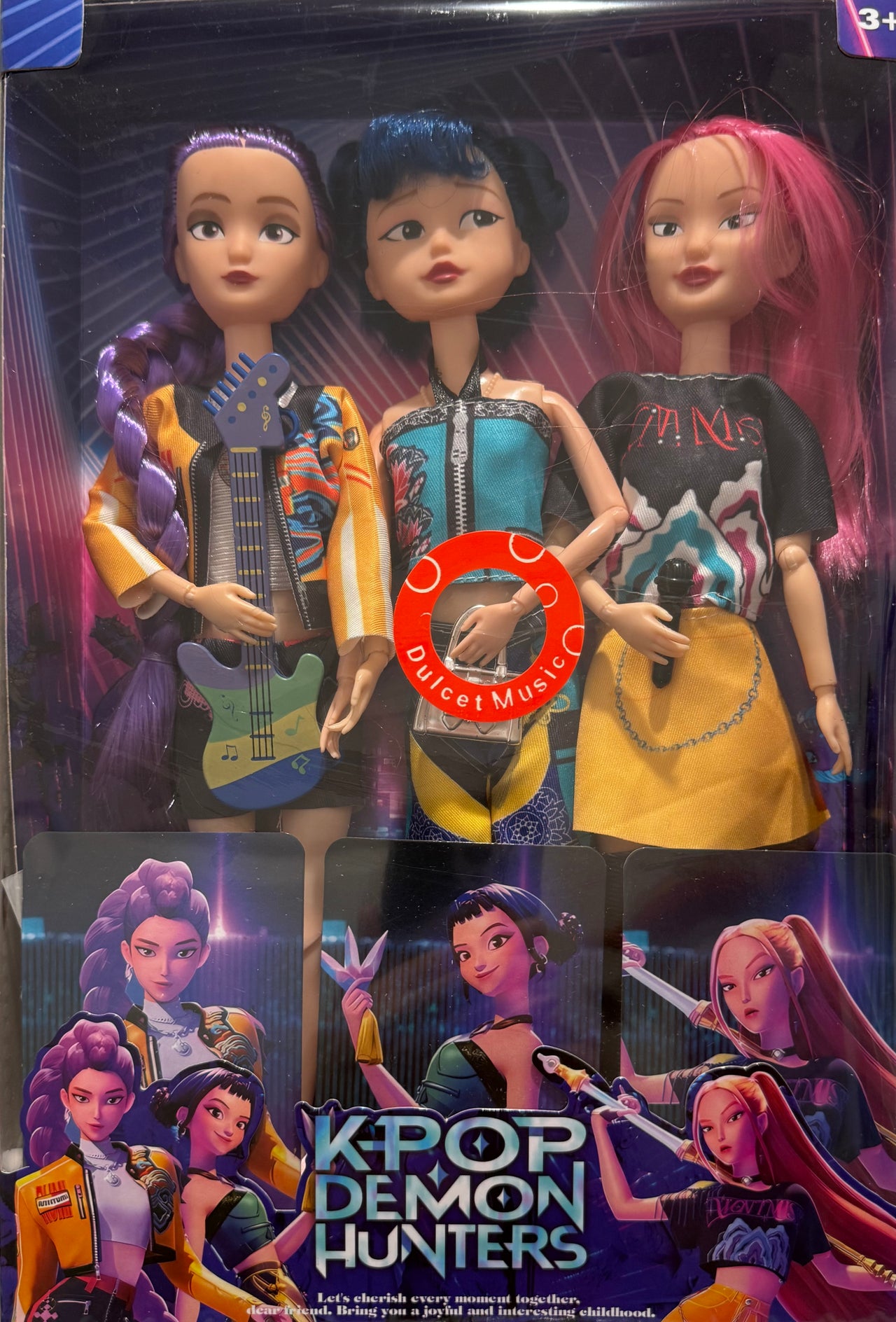 K-Pop Demon Hunter Trio Doll Set featuring Rumi, Mira, and Zoey with accessories — 12-inch poseable anime collectible dolls for fans and gift shoppers.
