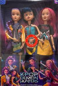 Thumbnail for K-Pop Demon Hunter Trio Doll Set featuring Rumi, Mira, and Zoey with accessories — 12-inch poseable anime collectible dolls for fans and gift shoppers.

