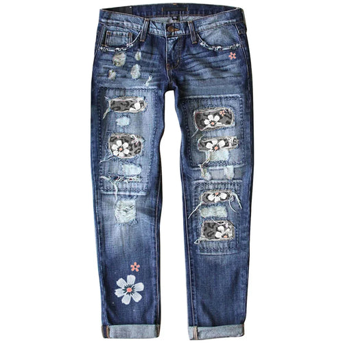 Patchwork Woman Jeans Mom Pants Blue Vintage High Waist Ripped