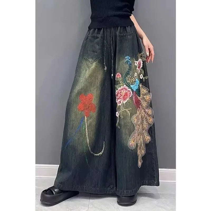 Vintage Jeans Spring Autumn New Korean Embroidery Flower Fashion