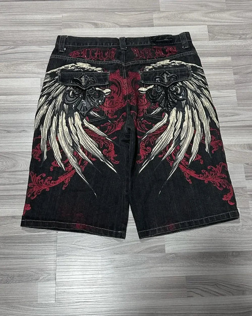 Y2K Baggy Shorts Mens New Wing Embroidered Denim Shorts Vintage