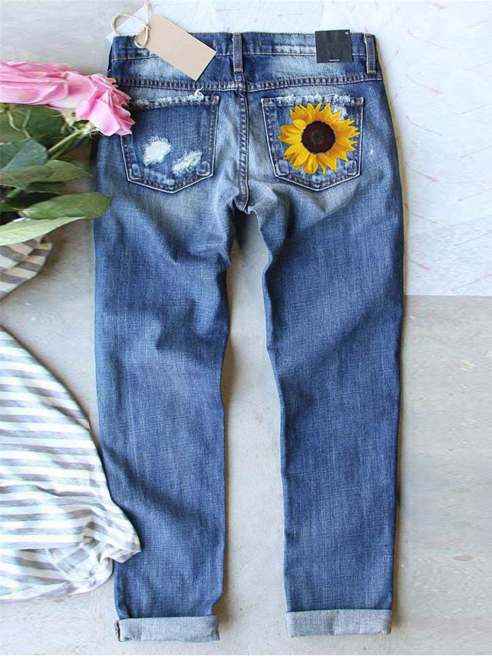 Patchwork Woman Jeans Mom Pants Blue Vintage High Waist Ripped