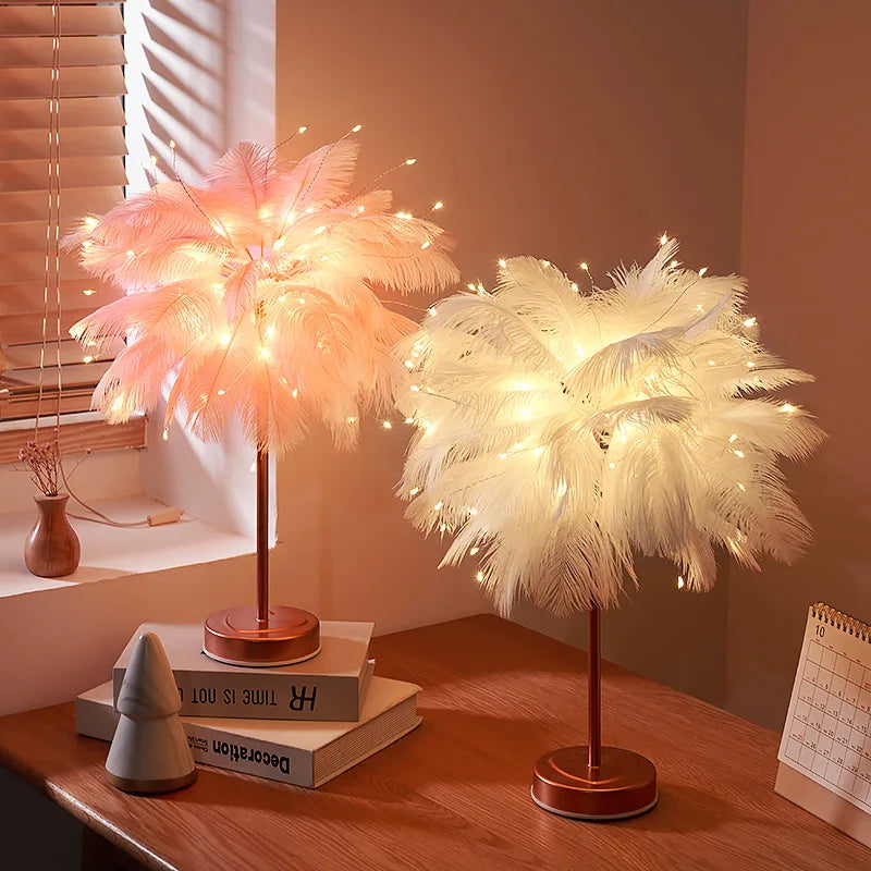 Bedroom LED Night Light Feather Table Lamp Bedside Lamp Modern Wedding
