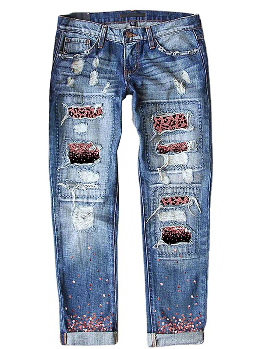 Patchwork Woman Jeans Mom Pants Blue Vintage High Waist Ripped
