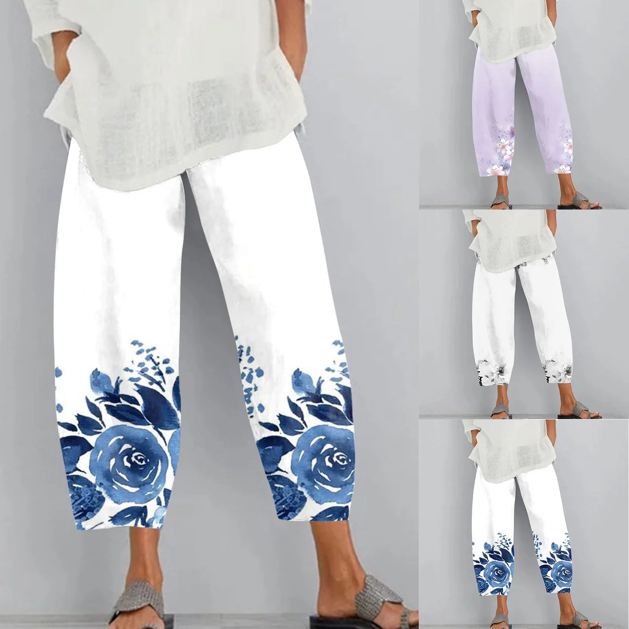 Cotton Linen Elegant Vintage Floral Print Women Pants Elastic Waist