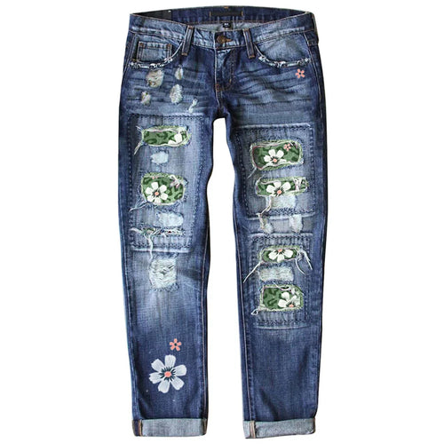 Patchwork Woman Jeans Mom Pants Blue Vintage High Waist Ripped