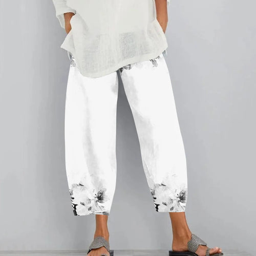 Cotton Linen Elegant Vintage Floral Print Women Pants Elastic Waist