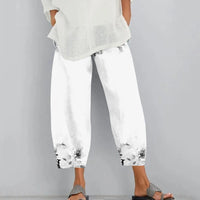 Thumbnail for Cotton Linen Elegant Vintage Floral Print Women Pants Elastic Waist