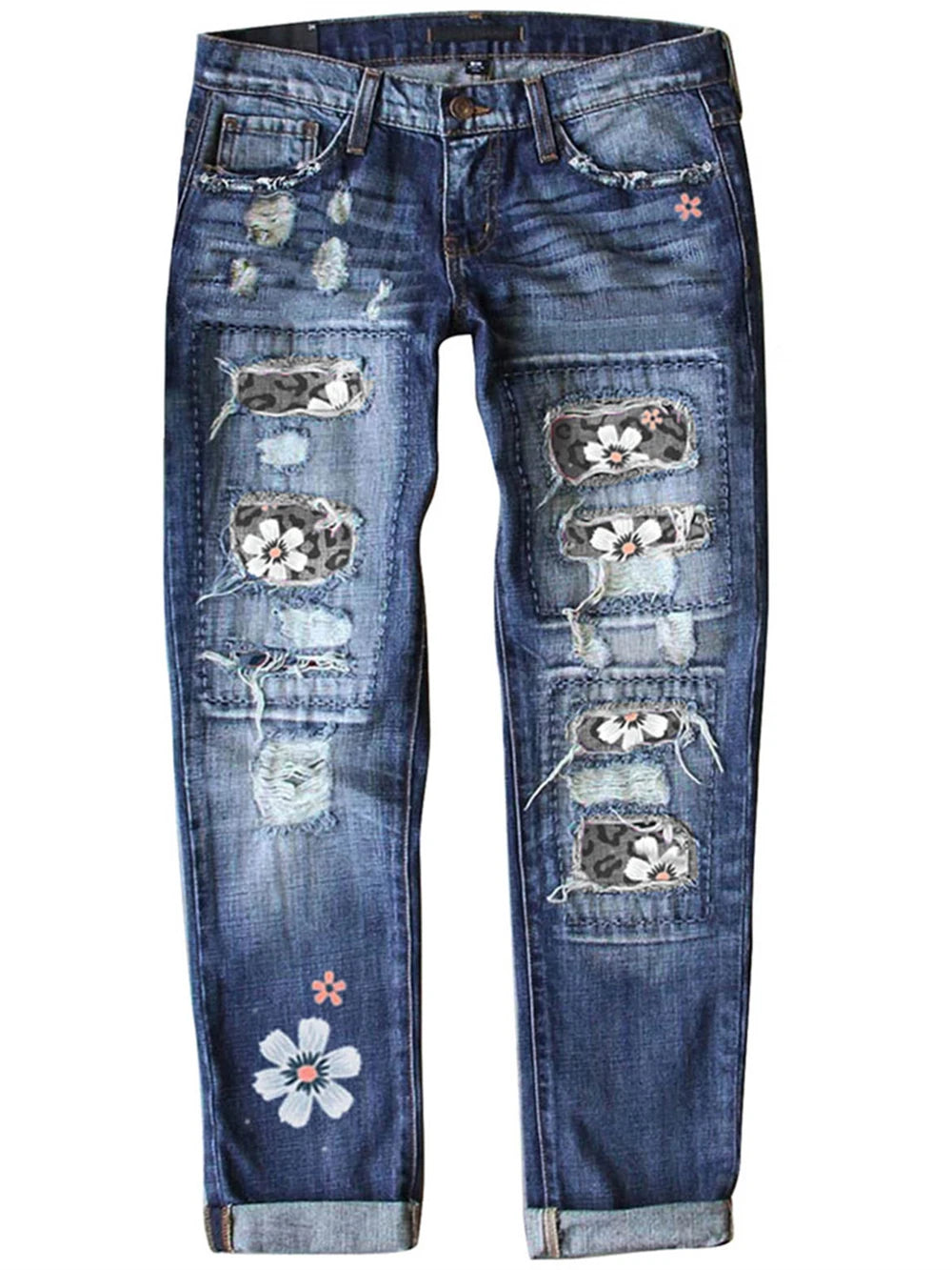 Patchwork Woman Jeans Mom Pants Blue Vintage High Waist Ripped
