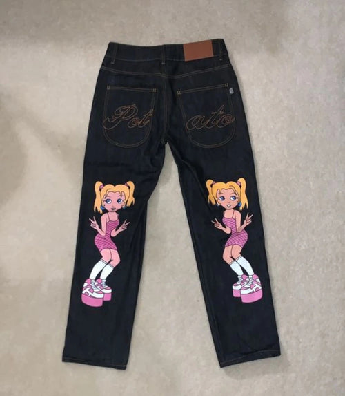 Anime goddess Harajuku jeans 2024 new men's and women's print retro