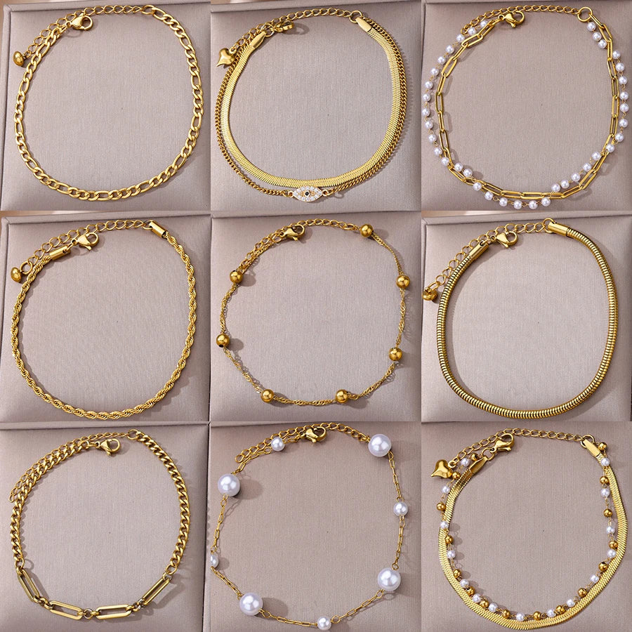 Stainless Steel Bead Chain Anklets for Women Accessories Gold Color