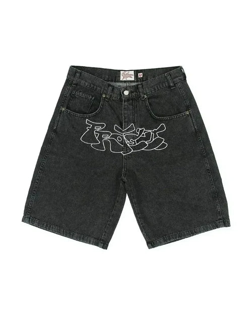 Y2K Baggy Shorts Mens New Wing Embroidered Denim Shorts Vintage