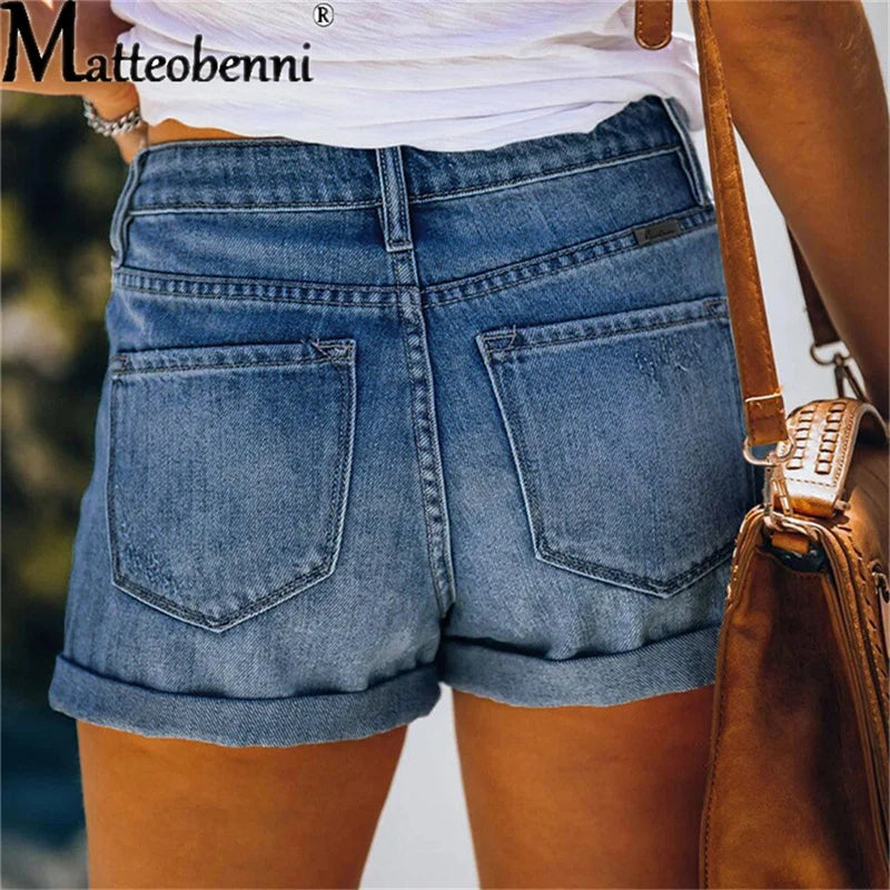 New Women Fashion Ripped High Waisted Rolled Denim Shorts Vintage Hole