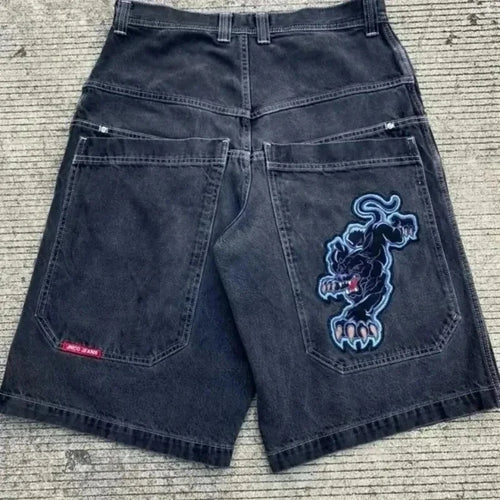 Y2K Baggy Shorts Mens New Wing Embroidered Denim Shorts Vintage