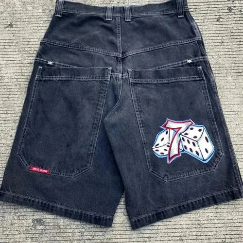 Y2K Baggy Shorts Mens New Wing Embroidered Denim Shorts Vintage