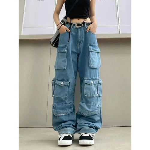 Multi-Pocket Blue Washed Jeans Cargo Pants Y2k Retro Streetwear