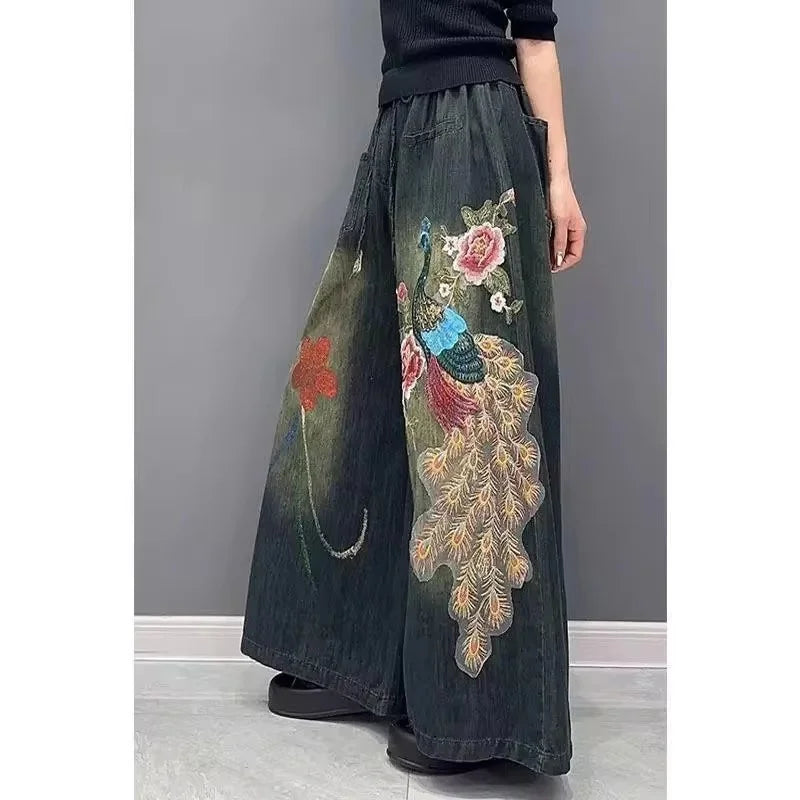 Vintage Jeans Spring Autumn New Korean Embroidery Flower Fashion