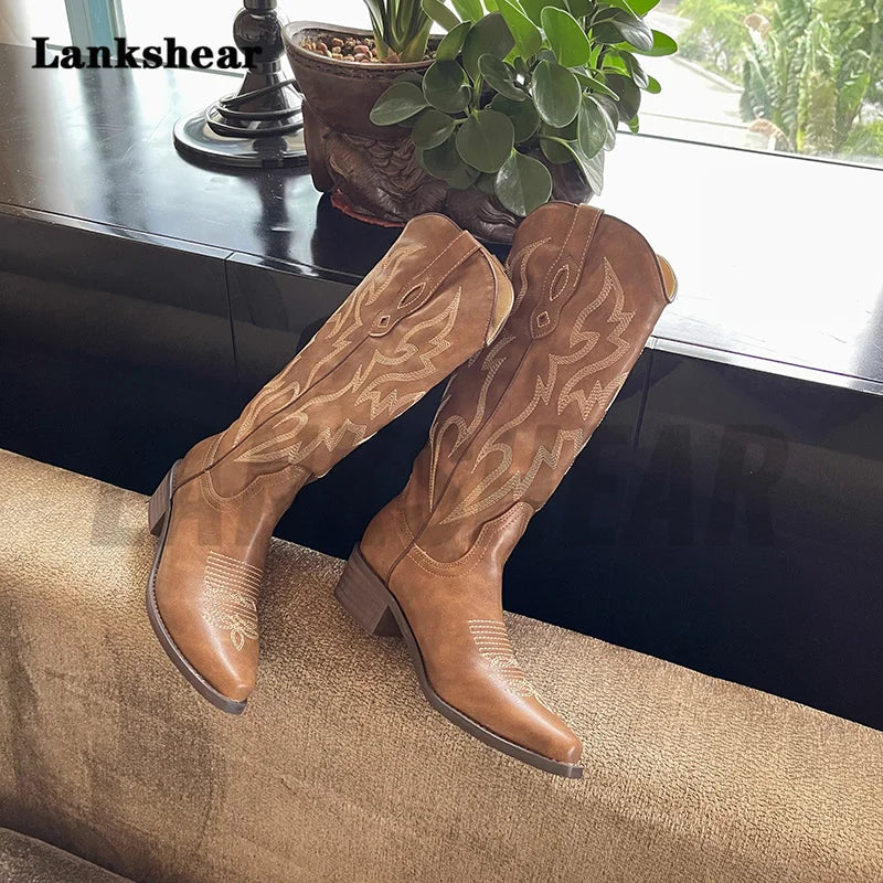 V-Mouth Thick High-Heeled Embroidery Cowboy Boots Retro Western Boots