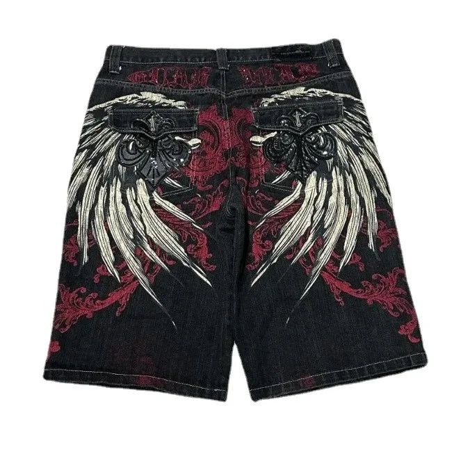 Y2K Baggy Shorts Mens New Wing Embroidered Denim Shorts Vintage