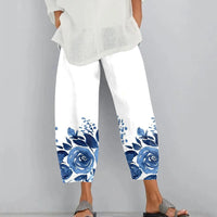 Thumbnail for Cotton Linen Elegant Vintage Floral Print Women Pants Elastic Waist