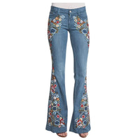 Thumbnail for Size S-4XL Elastic Flower Embroidered Flare Jeans Womens Retro Style