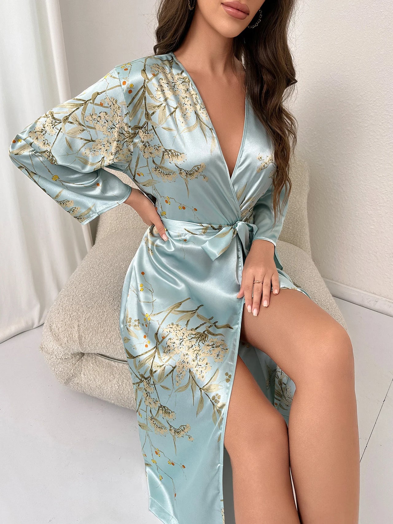 Floral Print Night Robe  Elegant Long Sleeve V Neck Robe With Belt