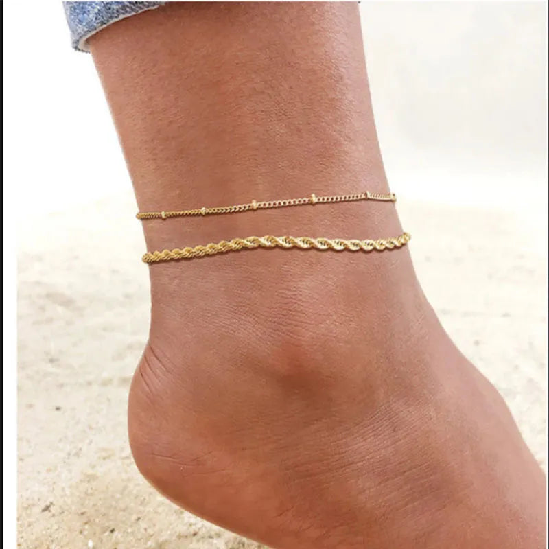 Stainless Steel Bead Chain Anklets for Women Accessories Gold Color